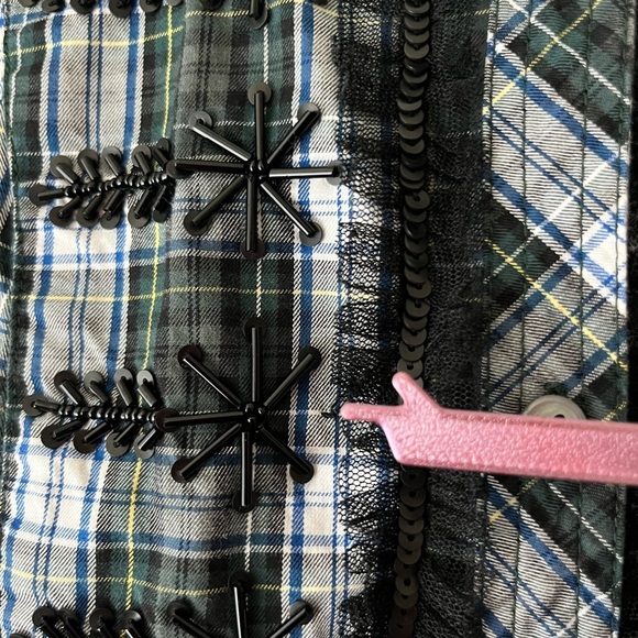 J.Crew Blue Green Tartan Plaid Button Down Top Size Large Ruffled Beaded Blouse - Picture 10 of 14